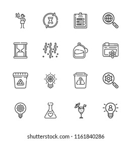 Collection of 16 glass outline icons include icons such as idea, perfume, waitress, waste, results, search engine, confetti, light bulb, optimization, hourglass, cocktail