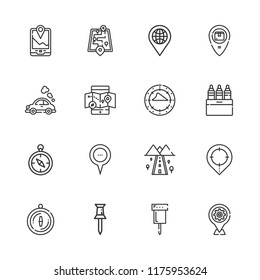 Collection of 16 gps outline icons include icons such as location pin, gps, compass, location, pin, markers, placeholder, mobile map, vehicle, road