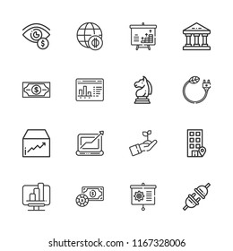 Collection of 16 graph outline icons include icons such as money, presentation, bank, plug, pie chart, statistics, line chart, office, analytics, economy, strategy