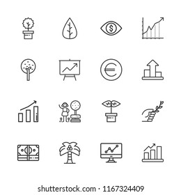 Collection of 16 growth outline icons include icons such as bar chart, growth, leaf, palm tree, plant, tree, euro, garden, cash, branch, stats, line chart, vision, diagram