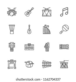 Collection of 16 guitar outline icons include icons such as music, drum, guitar, maraca, tape player, xylophone, harp, music amplifier, accordion