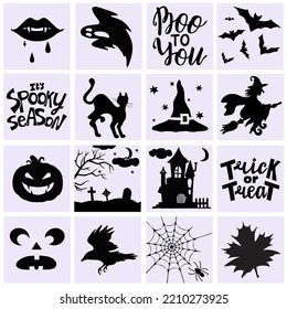 Collection of 16 Halloween icons. Black icons. trick or treat. Vector illustration. Halloween silhouettes