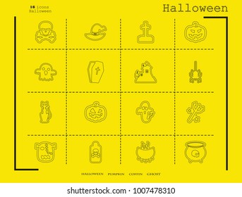 Collection of 16 halloween icons. Vector illustration in thin line style