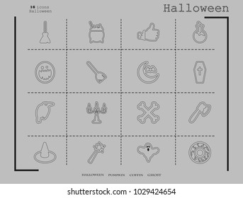 Collection of 16 halloween icons. Vector illustration in thin line style
