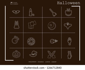 Collection of 16 halloween icons. Vector illustration in thin line style