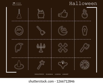 Collection of 16 halloween icons. Vector illustration in thin line style