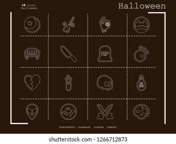 Collection of 16 halloween icons. Vector illustration in thin line style
