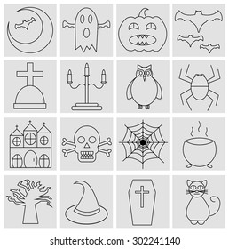 Collection of 16 halloween line  icons. Moon, Ghost, pumpkin, bats, cross, grave, candles, owl, spider, house, skull, web, pot, tree, hat, coffin, cat. Vector illustration.