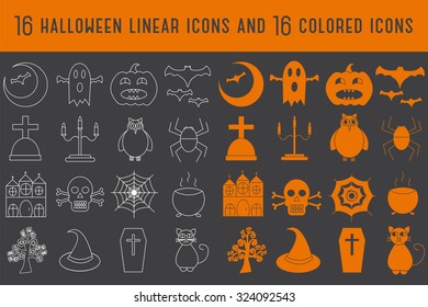 Collection of 16 halloween linear and colored icons. Vector illustration.