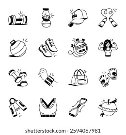 Collection of 16 Hand Drawn Gym Icons 

