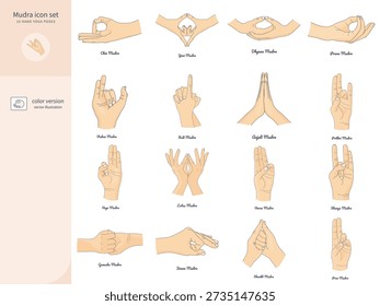 Collection of 16 hand mudra icons in a clean modern color style. Set includes classic yoga and meditation hand positions: Chin, Yoni, Dhyana, Prana, Vishnu, Kali, Anjali, Prithvi, Vayu, Lotus, Varun, Shunya, Ganesha, Jnana, Shankh and Pran mudra.