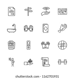 Collection of 16 hand outline icons include icons such as point of service, ace, sprout, waiter, dictaphone, peace treaty, document, bathtub, gloves, dumbbell, pointer, hand