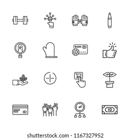 Collection of 16 hand outline icons include icons such as credit card, plant, tap, mitten, pen, like, peace, money, distribution, sprout, identification, dumbbell, gloves