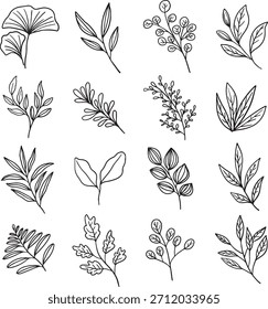 A collection of 16 hand-drawn botanical vector elements. Perfect for logos, wedding invitations, nature-inspired branding, tattoo designs, and various graphic projects. Includes modern leaf branches.