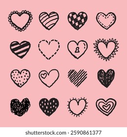 A collection of 16 hand-drawn hearts on a pink background. Each heart has a unique design, showcasing creativity and variety in heart shapes and patterns. Cute Valentine's Day elements, vector set.