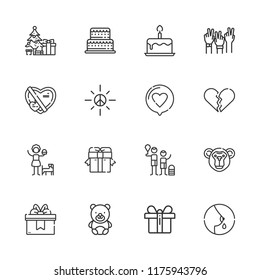 Collection of 16 happy outline icons include icons such as teddy bear, gift, peace, birthday cake, cake, sun, breastfeeding, broken heart, love, family, girl, monkey