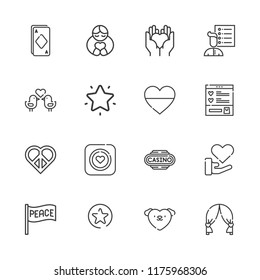 Collection of 16 heart outline icons include icons such as ace, casino, favorites, heart, hugh, peace, favorites button, condom, love birds, love, wishlist, user list