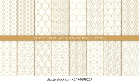 Collection of 16 hexagon seamless patterns with grid line, luxury mosaic background vector illustration.