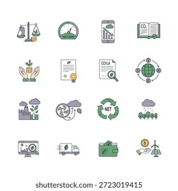 Colección de 16 iconos vectoriales de alta calidad que se centran en objetivos de cero emisiones netas, compensación de emisiones, tecnología verde y soluciones al cambio climático. Perfecto para informes corporativos de ESG y marca ecológica