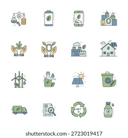 Colección de 16 iconos vectoriales de alta calidad que se centran en objetivos de cero emisiones netas, compensación de emisiones, tecnología verde y soluciones al cambio climático. Perfecto para informes corporativos de ESG y marca ecológica