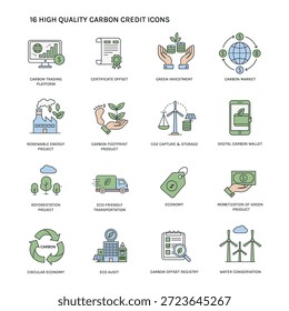 Colección de 16 iconos vectoriales de alta calidad que se centran en objetivos de cero emisiones netas, compensación de emisiones, tecnología verde y soluciones al cambio climático. Perfecto para informes corporativos de ESG y marca ecológica
