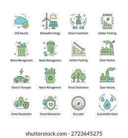 Colección de 16 iconos vectoriales de alta calidad que se centran en objetivos de cero emisiones netas, compensación de emisiones, tecnología verde y soluciones al cambio climático. Perfecto para informes corporativos de ESG y marca ecológica