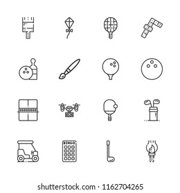 Collection of 16 hobby outline icons include icons such as dominoes, bingo, kite, paint brush, drone, bowling, golf, golf cart, ping pong