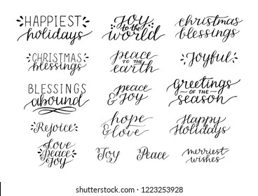 Collection with 16 Holiday hand lettering quotes Christmas blessings Peace to the earth. Joy to world Merri. Biblical background. Christian poster. Modern calligraphy Greetings