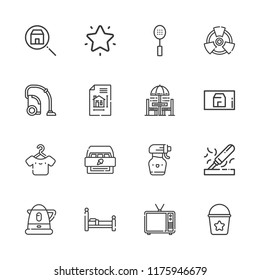 Collection of 16 home outline icons include icons such as blueprint, vacuum cleaner, water boiler, hanger, bucket, favorites, house, slotted spoon, cabinet, radiation, bed