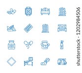 Collection of 16 hospital outline icons include icons such as medicine, medicines, bed, mortar, pills, ambulance, patch, heliport, hermes, building