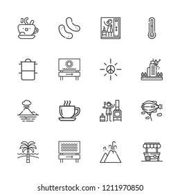 Collection of 16 hot outline icons include icons such as coffee, thermometer, coffee cup, sun, snack, cooking pots, stove, steam, eruption, volcano, fire, zeppelin, food stand