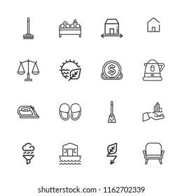 Collection of 16 house outline icons include icons such as investment, air cleaning, green energy, natural resources, skyscraper, armchair, broom, iron, double bed
