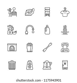 Collection of 16 household outline icons include icons such as iron, bleach, gloves, trash can, water boiler, hanger, spatula, blender, sink, water dispenser, grater