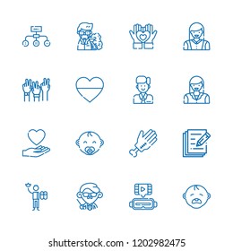 Collection of 16 human outline icons include icons such as peace, ar glasses, baby cry, baby, hand, teacher, professor, worker, employee, woman, write, heart, love
