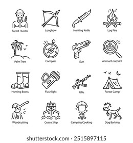 Sammlung von 16 Jagdwerkzeugen Lineare Icons 

