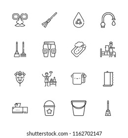 Collection of 16 hygiene outline icons include icons such as bath towel, broom, bucket, spa, towel, maid, soap, save water, pads, sink, tissue box, mask