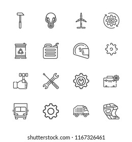Collection of 16 industrial outline icons include icons such as settings, hammer, gear, toolbox, gas mask, eolic energy, barrel, recycling truck, gasoline, helmet