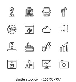 Collection of 16 information outline icons include icons such as folder, receptionist, no smoking, id card, browser, pay per click, search engine, cloud, antenna, newspaper