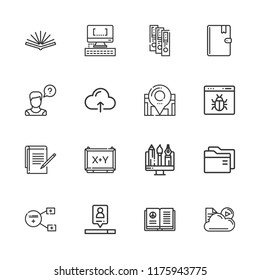 Collection of 16 information outline icons include icons such as operator, browser, search engine, cloud computing, folder, notes, open book, address book, binder, sharing
