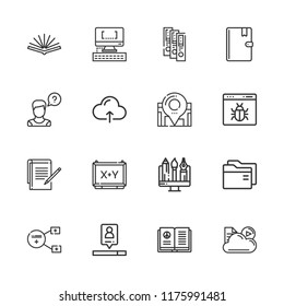 Collection of 16 information outline icons include icons such as operator, browser, search engine, cloud computing, folder, notes, open book, address book, binder, sharing