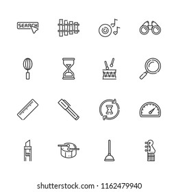 Collection of 16 instrument outline icons include icons such as pen, plunger, loupe, hourglass, speedometer, search, binoculars, whisk, ruler, cutter, electric guitar