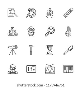 Collection of 16 instrument outline icons include icons such as hammer, microscope, loupe, drum, alarm clock, hourglass, telescope, flute, thermometer, levels, pen, palette
