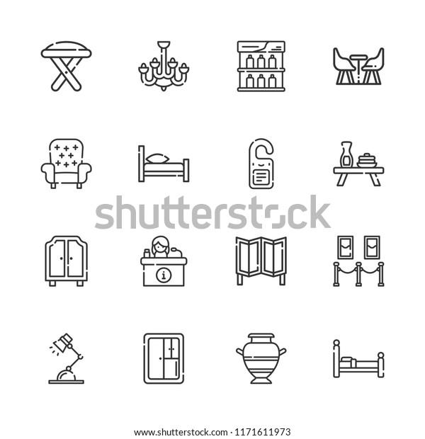 Collection of 16\
interior outline icons include icons such as doorknob, desk, shelf,\
bed, closet, desk lamp, stool, table, furniture, room divider,\
chandelier, vase,\
wardrobe