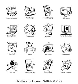 Collection of 16 Internet and Cloud Security Doodle Icons 

