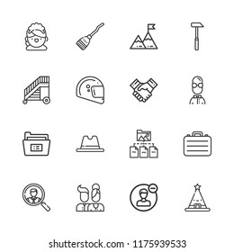 Collection of 16 job outline icons include icons such as hammer, maid, folder, goal, user, briefcase, hat, helmet, handshake, ladder, broom, job search