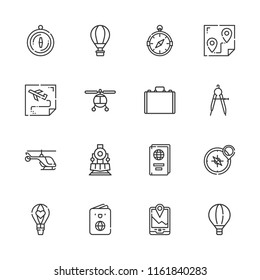 Collection of 16 journey outline icons include icons such as suitcase, passport, helicopter, compass, gps, hot air balloon, locomotive