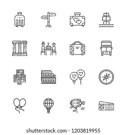 Collection of 16 journey outline icons include icons such as suitcase, double decker bus, sailing ship, balloon, compass, gps, colosseum, directions, balloons, korean