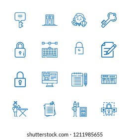 Collection of 16 key outline icons include icons such as dealer, minibar, ironing service, edit, padlock, keyword, key, keyboard, password, lock, notes, locker, note