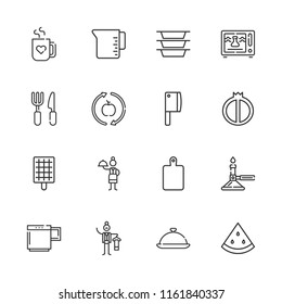 Collection of 16 kitchen outline icons include icons such as tray, butler, cutlery, waitress, microwave, burner, healthy food, watermelon, plates, mug, measuring cup