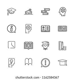 Collection of 16 knowledge outline icons include icons such as info, thinking, information, open book, history button, mortarboard, book, school material, school